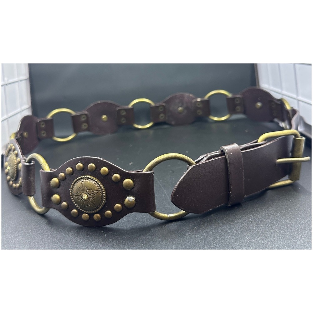 O-Ring Studded Y2K Belt Women Medium Brown Floral Medallion